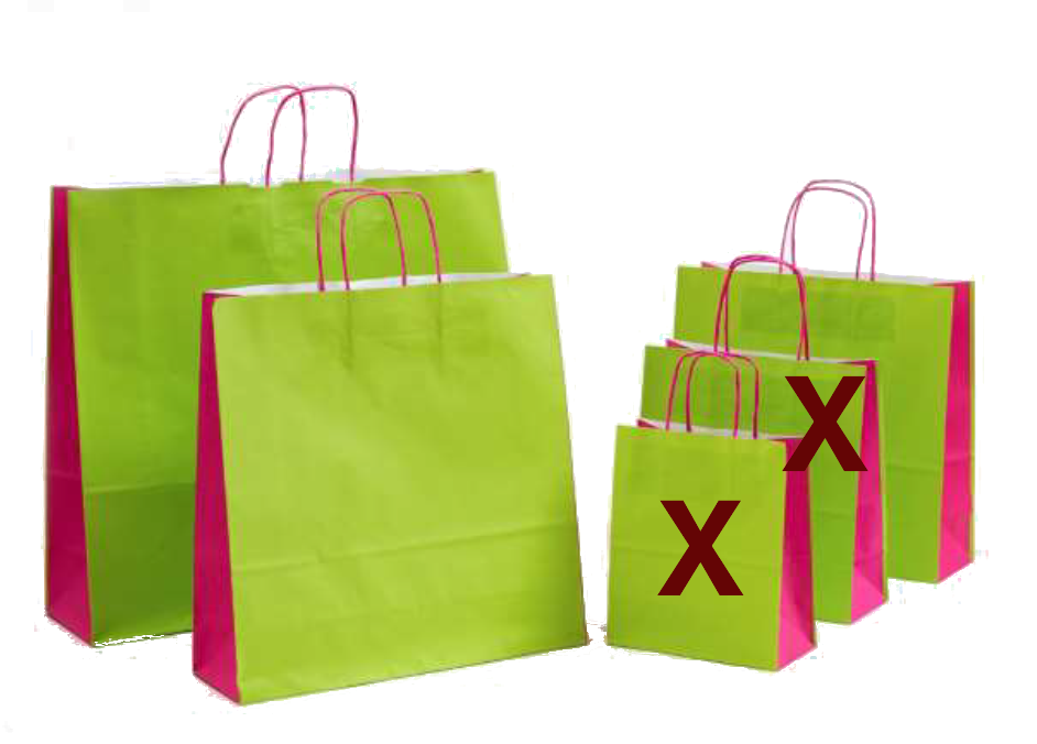 ABVERKAUF Papiertragetaschen „BASIC DUO GRÜN“, weiß glatt mit pinkem Kordelhenkel, vollflächiger grün/pinker Neutraldruck