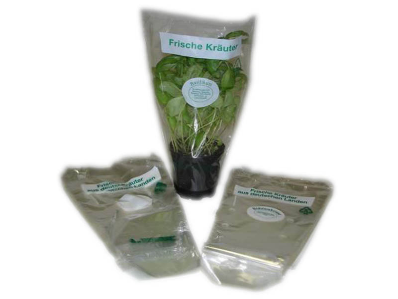 Verpackungstrichter für Topfkräuter, geblockt PP5 30 my, Folie im Beutel gelocht, mit 1-seitigem, 2-farbigem weiß-grünem Druck