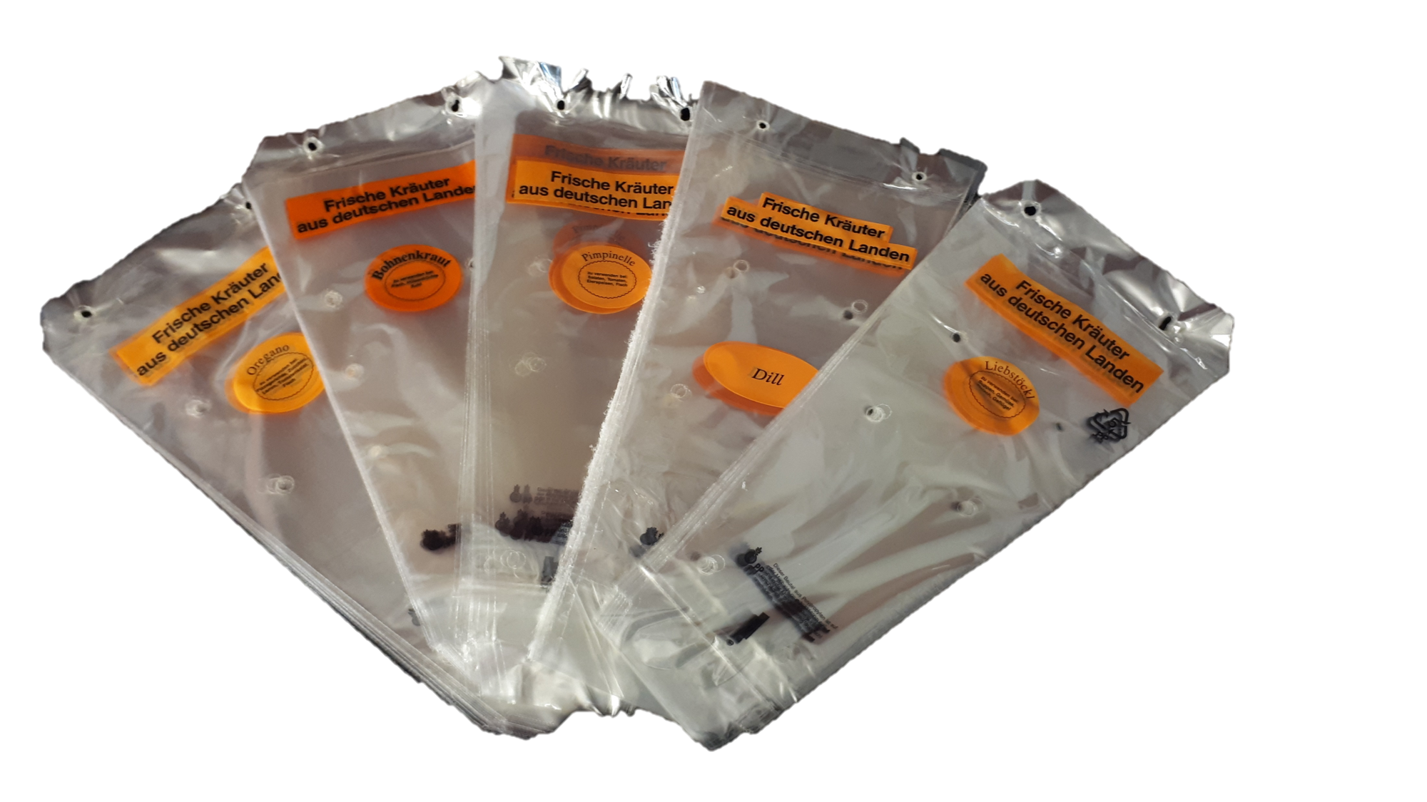 AKTION „Verpackungstrichter für Topfkräuter“, 30 my, 1-seitiger, 2-farbiger schwarz-oranger Druck, unten zu, geblockt, im Beutel gelocht