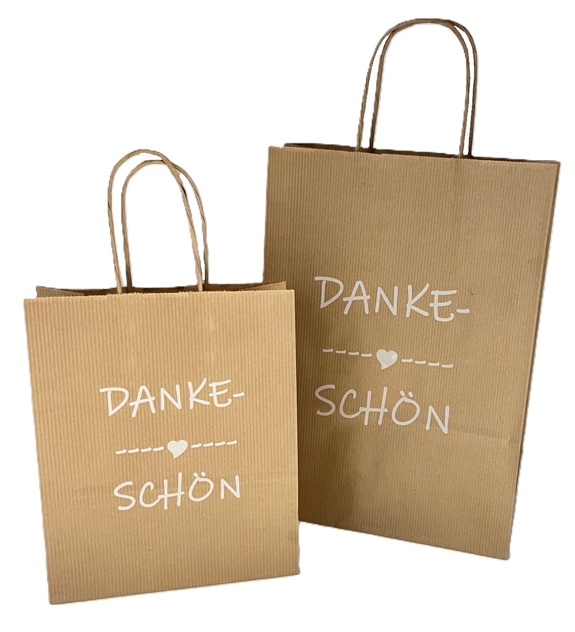 Papiertragetaschen „DANKESCHÖN“, braun gerippt 90 gr. mit braunem Kordelhenkel