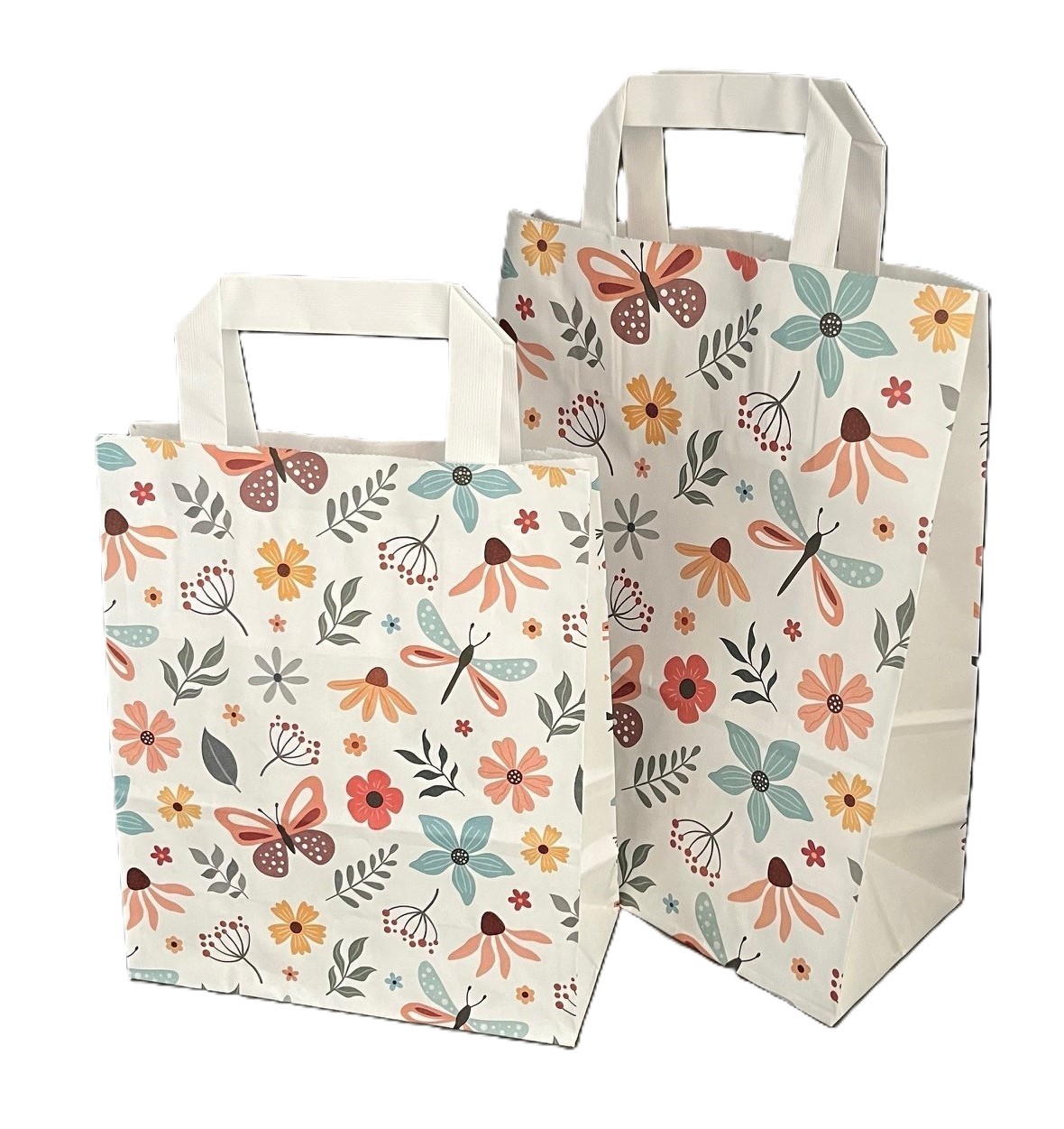 Papiertragetaschen „SCHMETTERLING“, weiß glatt mit weißem Innenflachhenkel