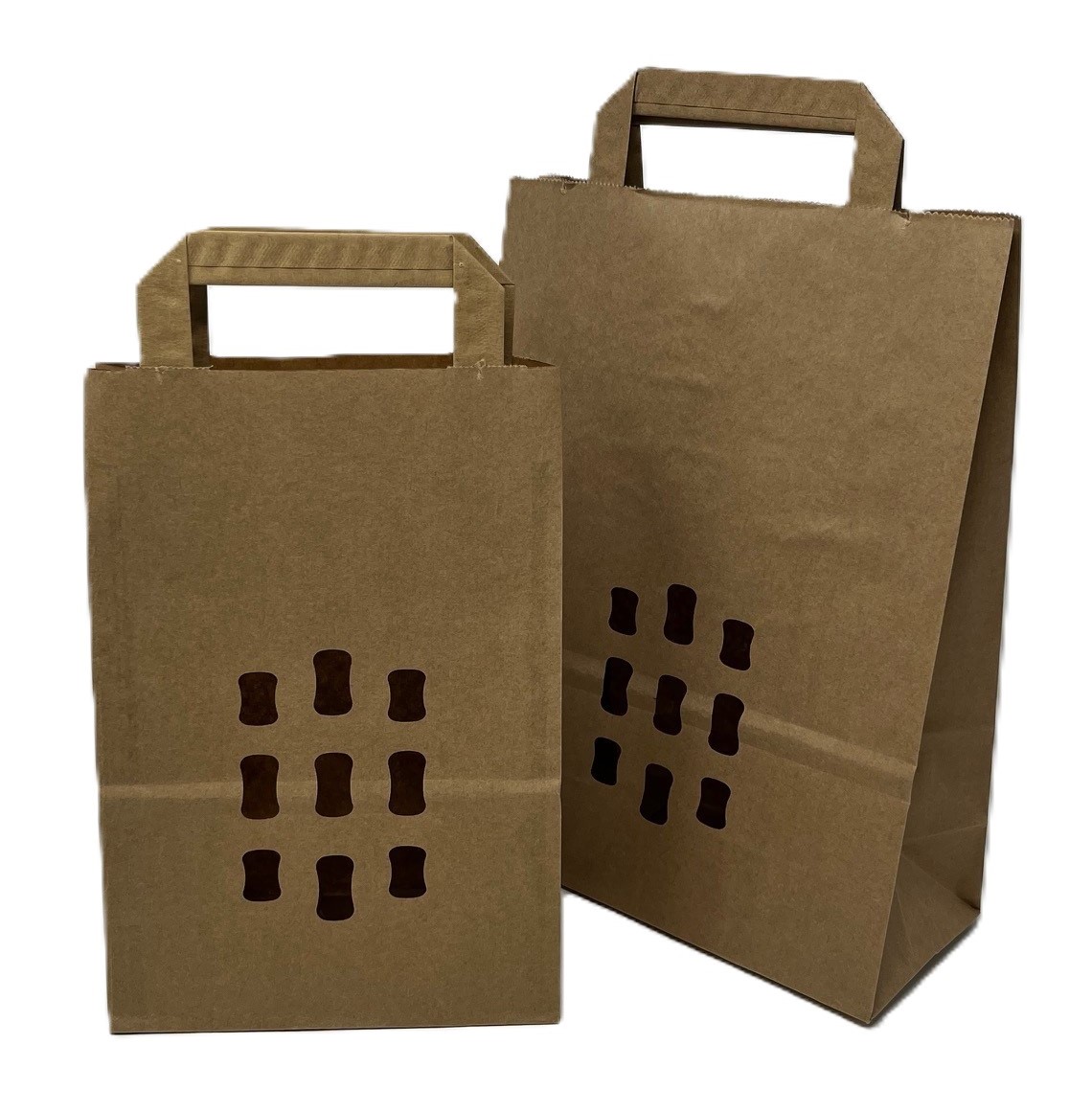 Papiertragetaschen „BRAUN“, braun glatt mit braunem Innenflachhenkel, 9-Loch-Fenster